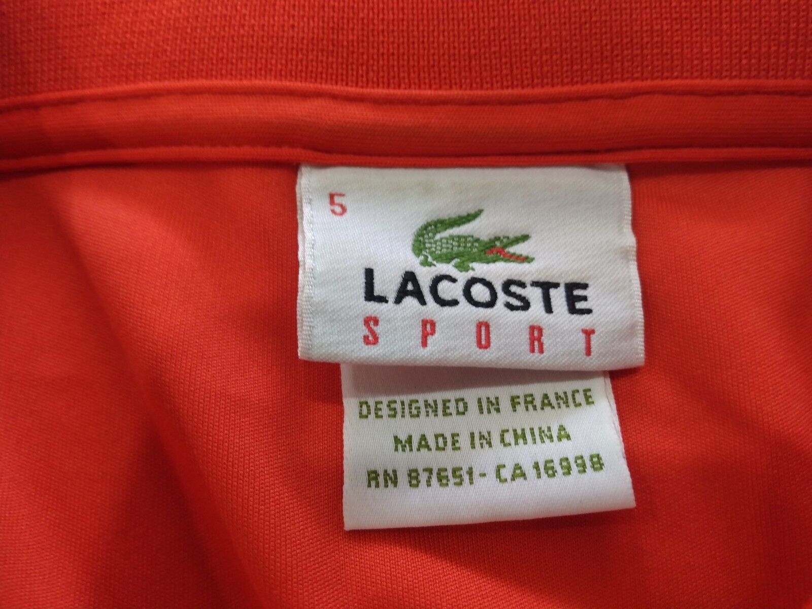 Lacoste Sport Men’s MIAMI OPEN Tennis Croc Logo Orange Performance Polo Size 5