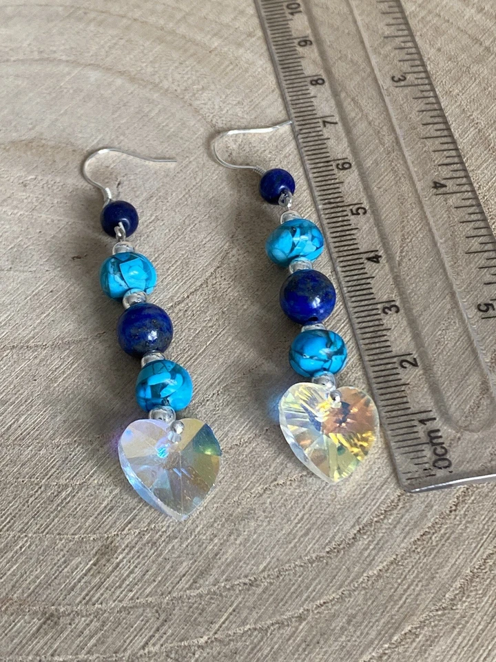 Natural Turquoise Lapis Lazuli Heart Drop Earrings Sterling Silver 925 Plated - Image 3 of 4