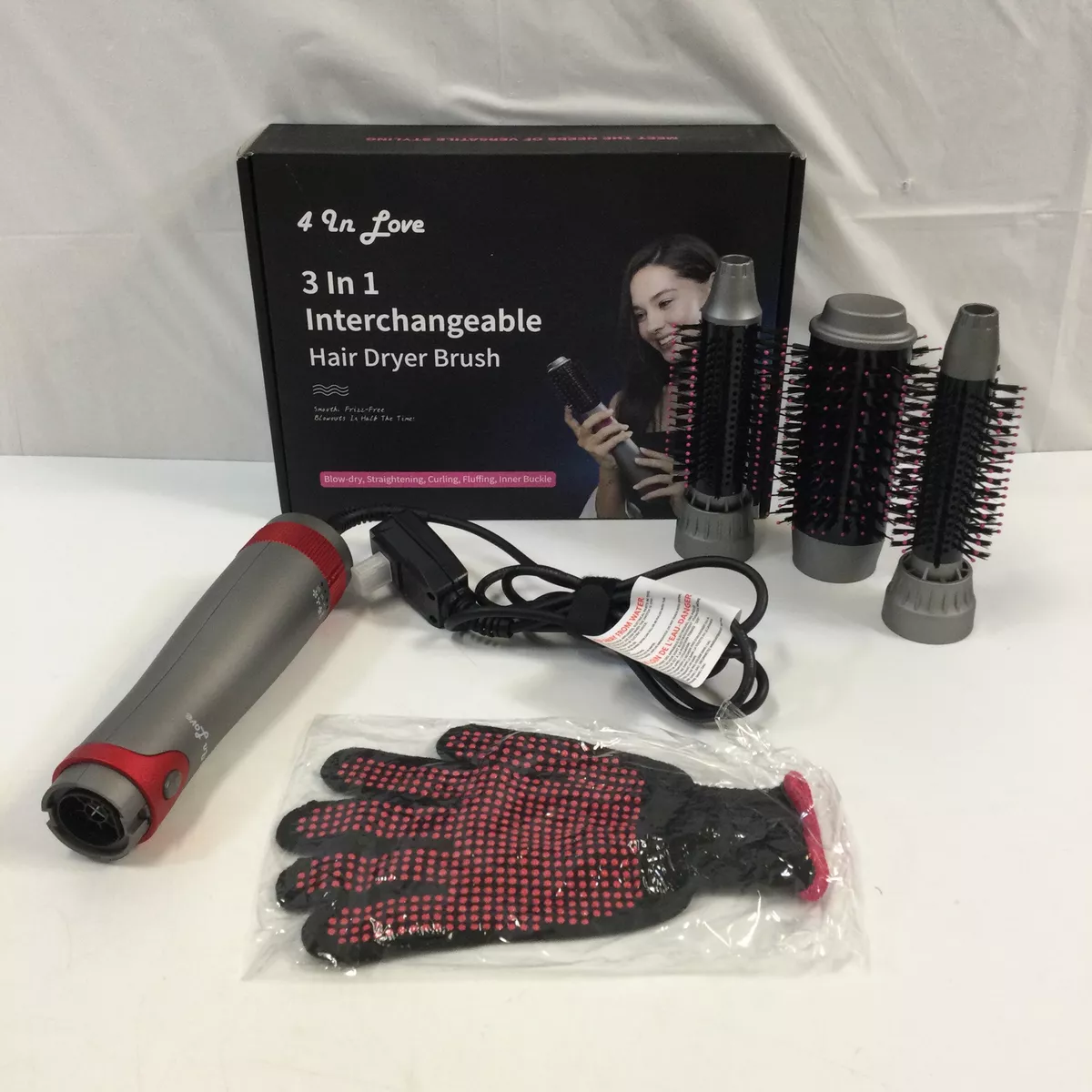 4 In Love SM 5258 Gray Red 3 In 1 Interchangeable Hair Dryer Brush Kit Used