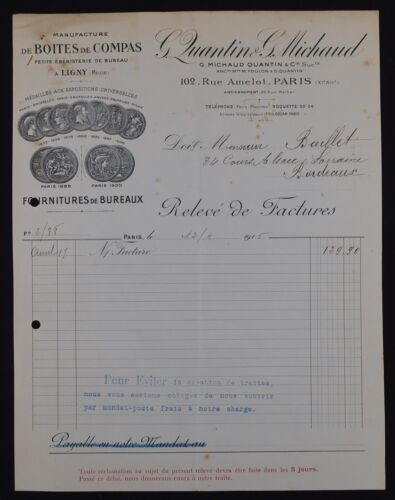 Invoice PARIS 1915 QUANTIN & MICHAUD Ligny Meuse Billhead 22 Compass Boxes - Picture 1 of 1