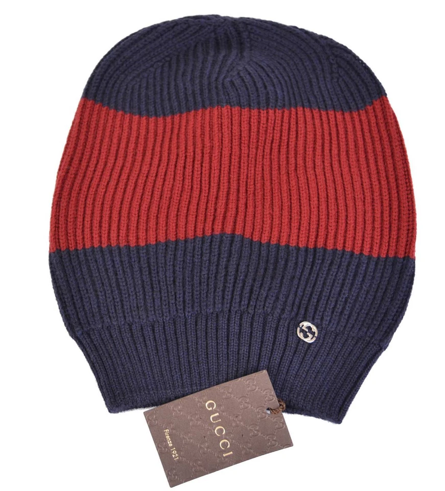 Nuevo Gucci Para Hombre 310777 Lana Azul Rojo Entrelazado GG Gorro Suelto Sombrero de Esquí Foto 2 de 4