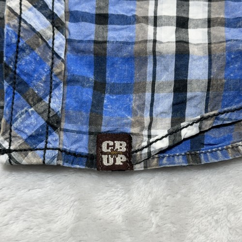 Cowboy Up Shirt Mens Large L Blue Plaid Western Pearl Snap Thick Stitch Pockets - Picture 6 of 16