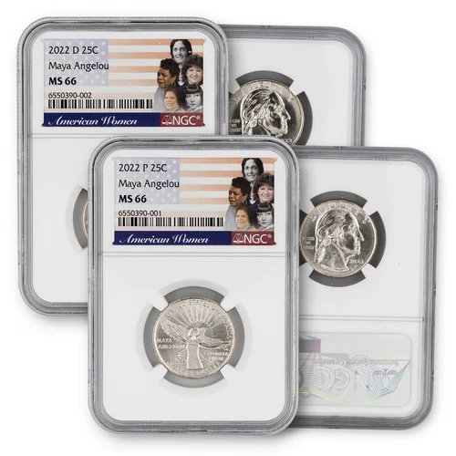 2022 P/D - 2pc Set - 25c Maya Angelou American Women Quarter NGC MS66