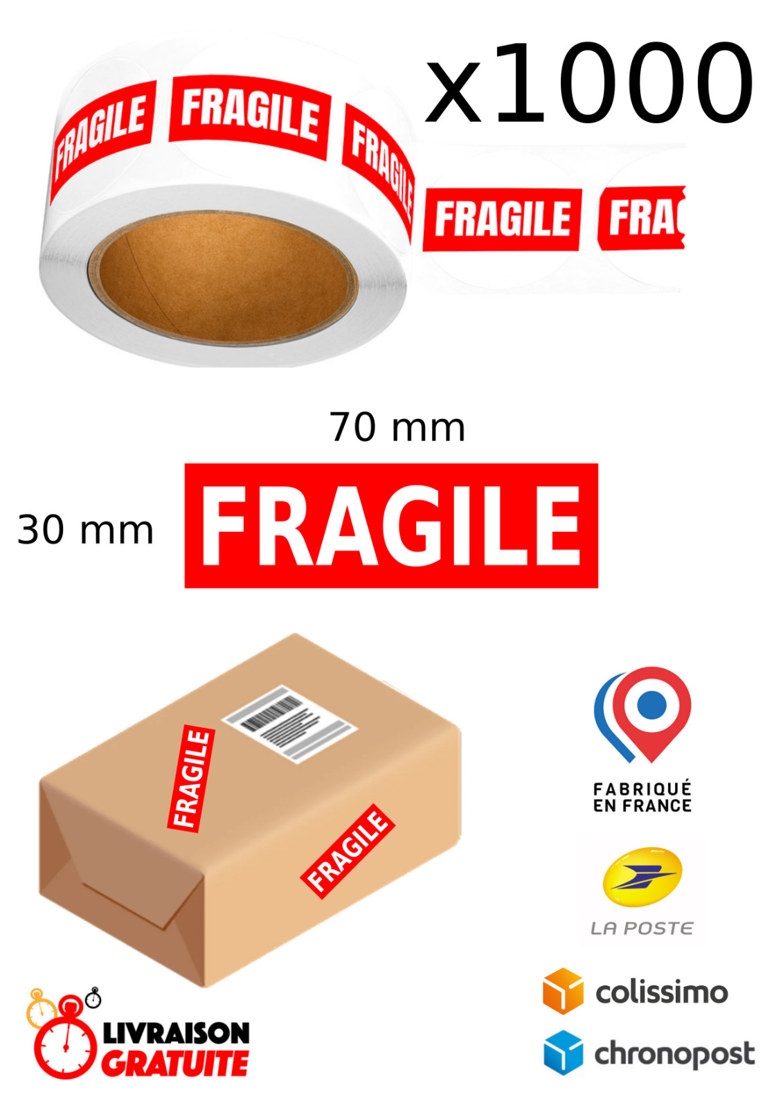 Étiquettes Fragile pour colis d'expédition | Rouleau de 1000 autocollants rouges 10x5cm