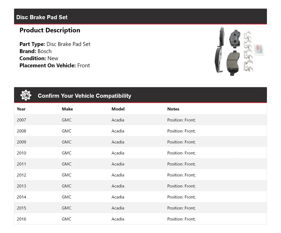 Pastillas de freno delanteras de cerámica QuietCast 2008 2009 2010 para GMC Acadia Bosch 2007-2016 Foto 2 de 4