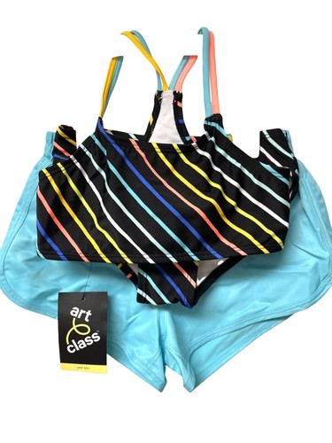 Art Class Girls' Striped Swimsuit 3 Piece Set Bikini And Shorts, Size XS (4/5) - Picture 5 of 8