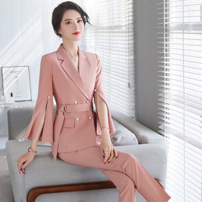Tailleur completo donna rosa cipria giacca manica lunga pantalone elegante  4865 | eBay