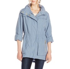 The Fillmore Anorak Blue Shimmery Jacket Windbreaker Raincoat Hooded Gold Detail