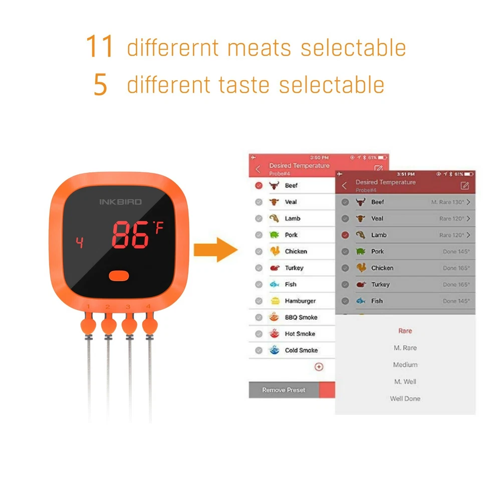Inkbird Meat Thermometer Wireless Probe Rechargeable Bluetooth BBQ Measure 4XC