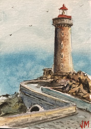 ACEO Original Watercolor Painting art 2.1/2" x 3.1/2” French Lighthouse