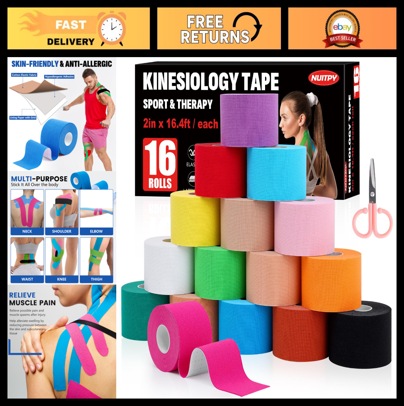 16 Rolls Kinesiology Tape - 16 Colors, 2" x 16.4' Waterproof Elastic Muscle Spor