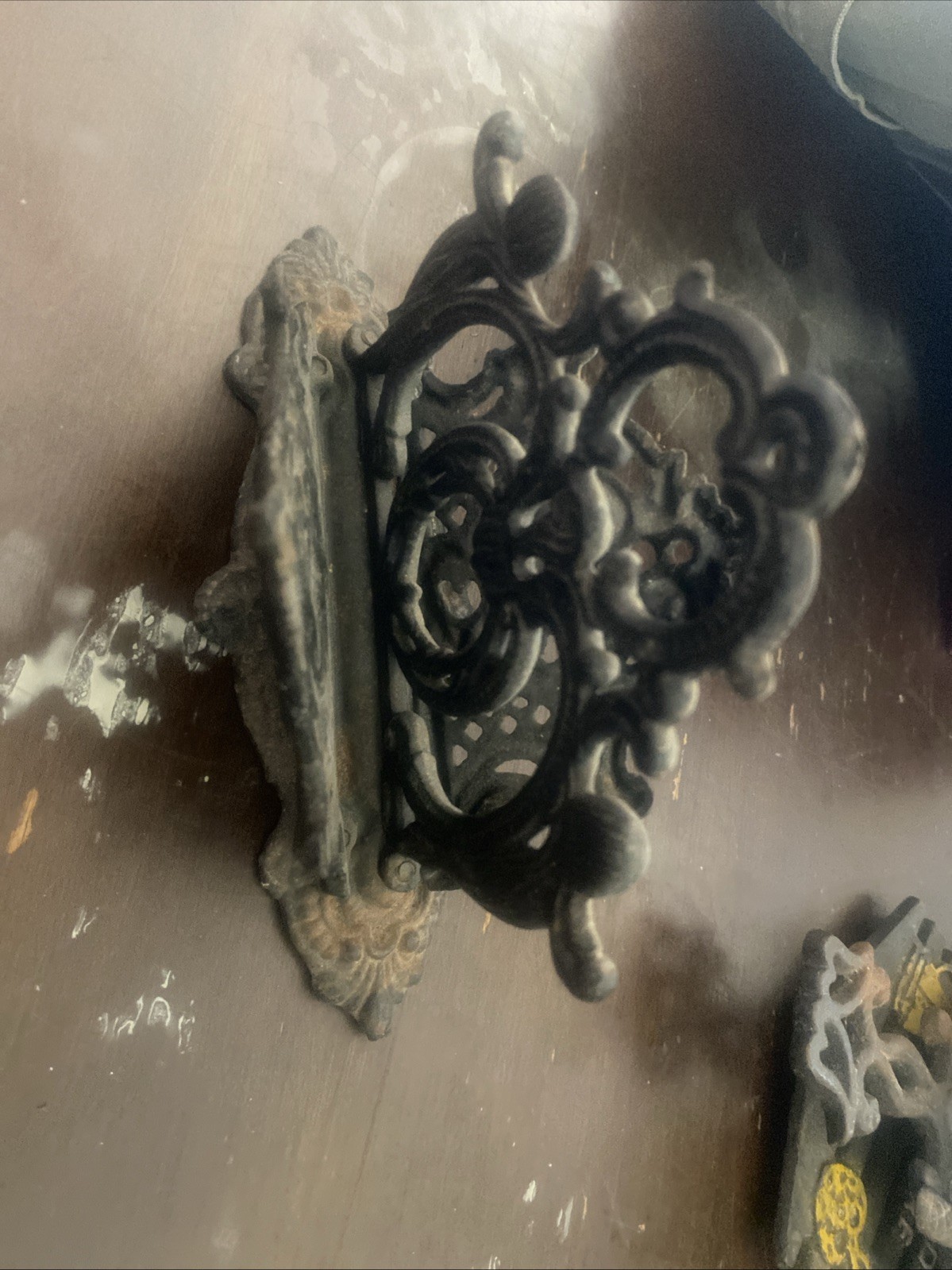 Antique Black Cast Iron Letter Holder Napkin Holder Ornate Piece Scrolls Cherubs