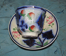 antique Gaudy Welsh ironstone flow blue copper lustre teacup saucer strawberries