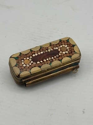 Antique Victorian Dual Compartment Vesta Match Safe Brass Stone Mosaic Agate