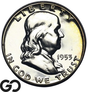 1953 Franklin Half Dollar PROOF, Flashy Gem PR++, Peripheral Toning