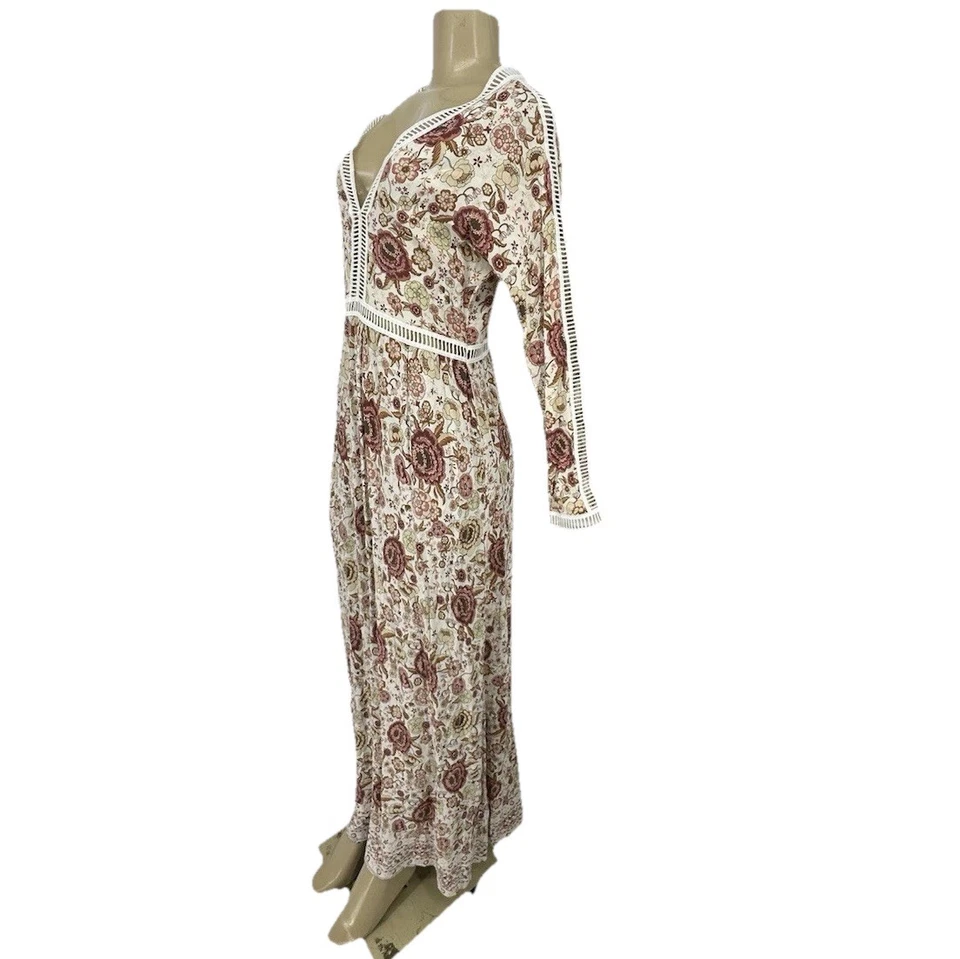 Vestido maxi Lucca pequeno feminino floral bordado renda manga longa gola V BD1 - Imagem 2 de 4