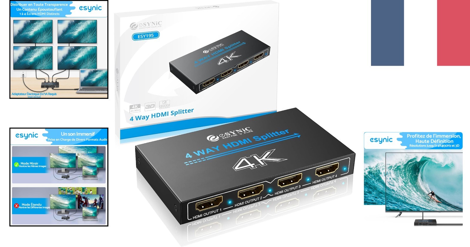 Répartiteur HDMI 1 In 4 Out 4K eSynic avec Son Surround Multi-Écran