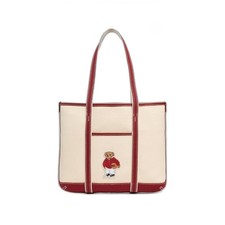 Bolso de Mano Pequeño Shopper Polo Ralph Lauren Baloncesto Oso Lona Crudo/Rábano Nuevo con Etiquetas