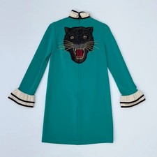 GUCCI Black Panther embroidered turquoise ruffled mini dress S