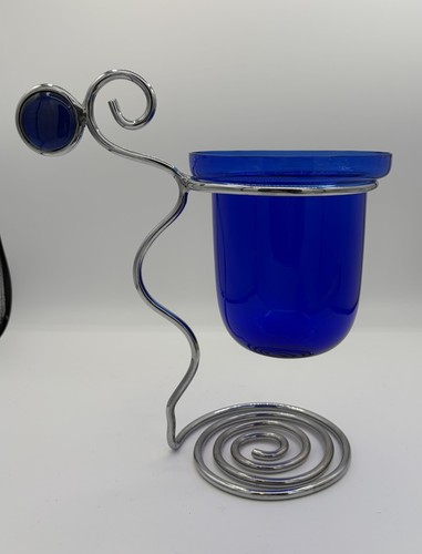 Vintage MCM Cobalt Blue Glass Silver Tone Metal Coil Candle Holder 10" See Notes