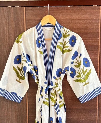 Indian Blue Floral Cotton Robes Long Kimono Sleepwear Night Suit Kimono Robes US