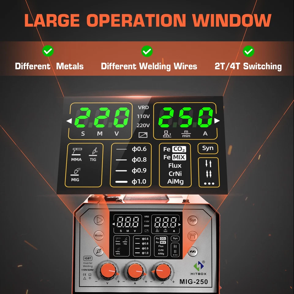 250A 5in1 MIG Schweißgerät für Aluminium und Stahl, Gaslos MIG/MMA/Lift TIG 220V - Bild 3 von 4