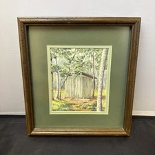 Laurine Kimmel Outhouse Watercolor One Of A Kind Original 6.5x7.5” Matted Framed
