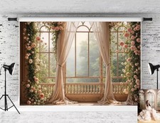 7x5ft Spring Pink Flowers Backdrop Window White Curtain Green Tree Photo Prop