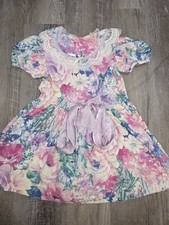 1990s girl's dress Pastel floral pattern white lace collar puffed sleeves Size 6
