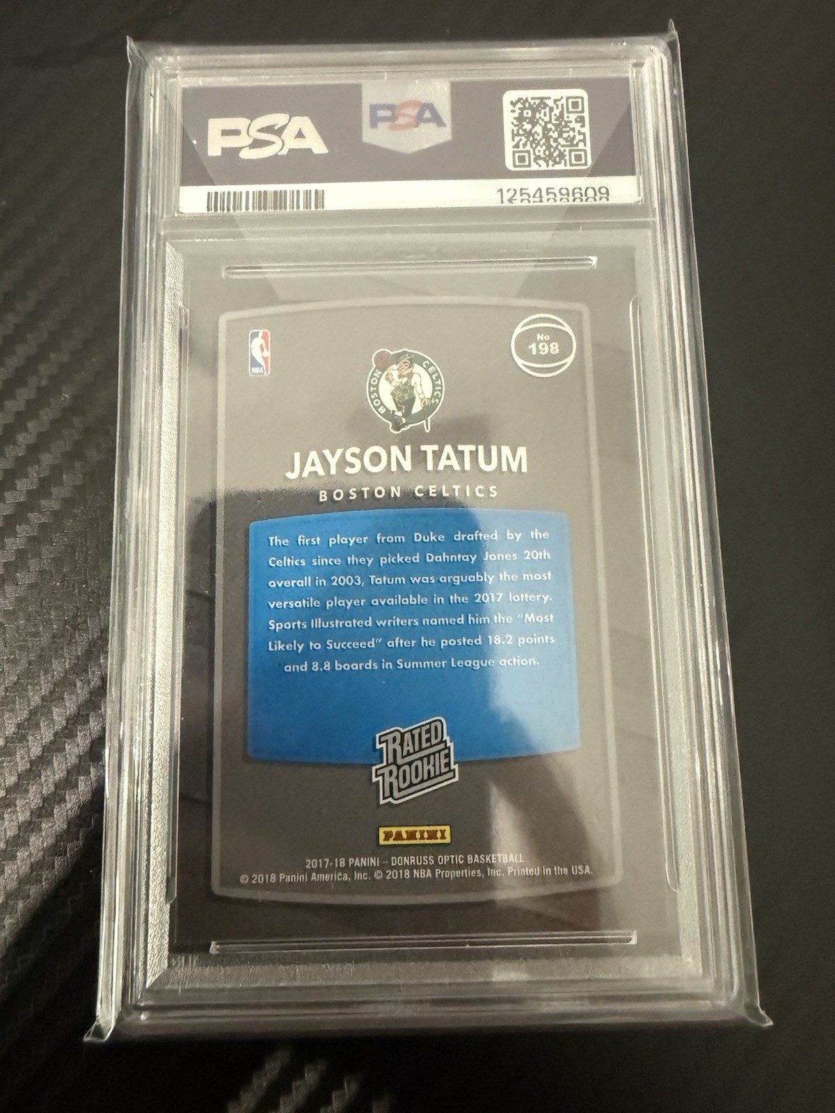 2017 Panini Donruss Optic Jayson Tatum PSA 9 Mint view 2