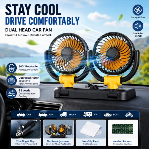 DC12V Dual Head Car Fan Adjustable 2 Speed 360° Rotation Dashboard Mount f3w2 - product listing photo