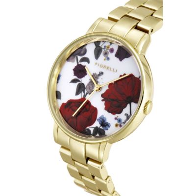 Fiorelli Ladies Watch FO043GM Gold Bracelet Floral Red Photo Print Watch