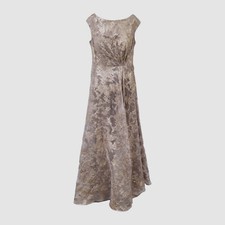 1795 Rene Ruiz Womens Beige Gold Jacquard Pleated A-Line Gown Dress Size 10