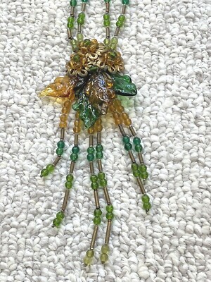 Miriam Haskell unsigned Gold tone Green & Yellow glass pendant necklace