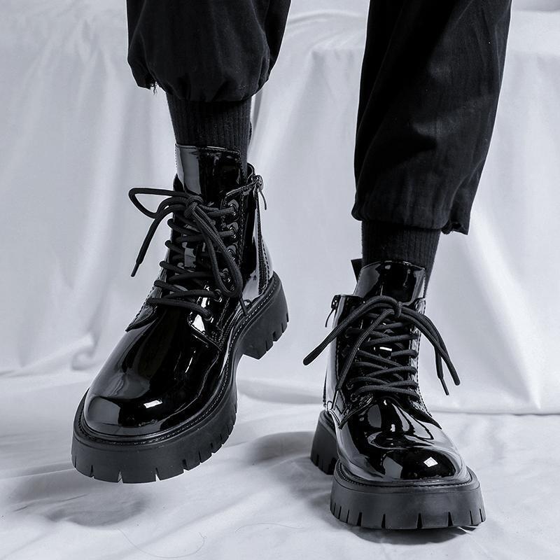 Men Motorcycle Platform Dress Shoes Lace Up Patent Leather Ankle Boots Round Toe
