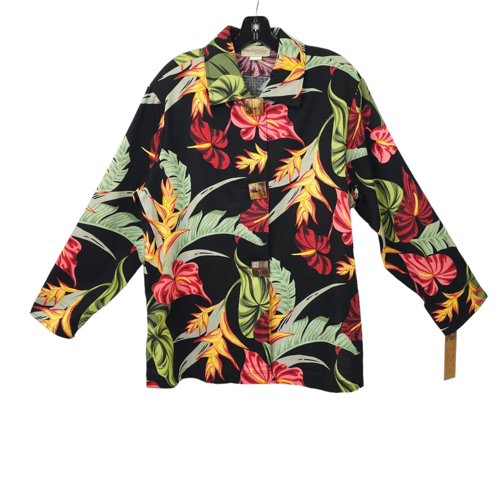 Giacca stampa floreale pony dipinta da donna taglia XL cotone 3 stile legno bottone NUOVA