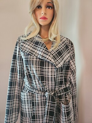 Sugar Rain Coat Mediun Weight Black White Plaid Tie Wast
