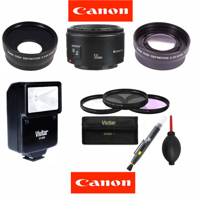 Canon EF 50 mm F/1.8 II Lens + FLASH KIT FOR CANON EOS REBEL T1 T2 T3 T3I T5 T5I