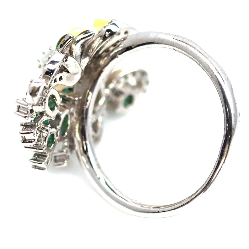 925 Silver Yellow - White Mother Of Pearl, Emerald & Zircon Ring Size 6.75 - Image 3 of 4