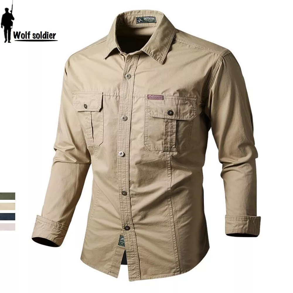 Mens Long Sleeve Shirt Spring Autumn Tactical Outdoor Cotton Casual Shirt  Hiking