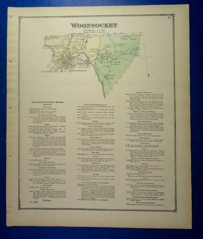 1870 Woonsocket, Providence Co., Rhode Island, Hand-Colored Map, D.G Beers Co. - Image 2 of 3