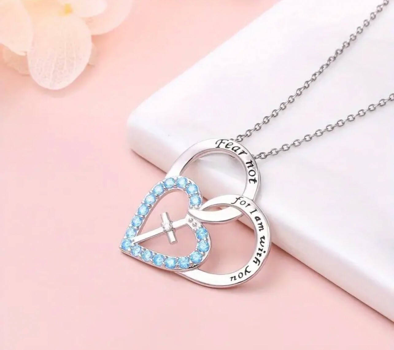 Fear Me Not Heart Cross Rhinestone Necklace for Women & Men-image