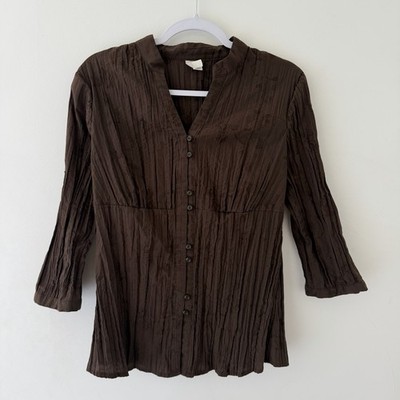Brown Crinkle Embroidered Blouse L Cottage Fairy Goblincore Boho Button Up