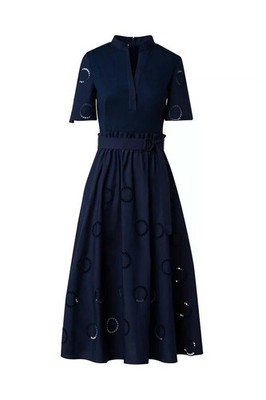 NEW, Akris Punto Stand Collar Midi Dress in Navy Sz 10 #DD35