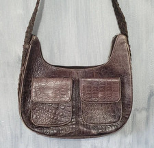 Vintage Leather Handbag Over Shoulder Faux Alligator Crocodile Braided Strap Poc