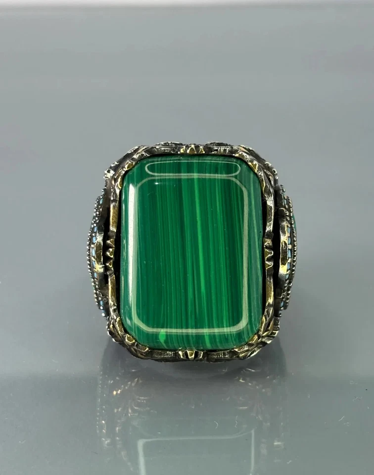 Мужское кольцо из стерлингового серебра 925 пробы с зеленым малахитом винтажное кольцо с драгоценным камнем ручной работы - Изображение 3 из 4