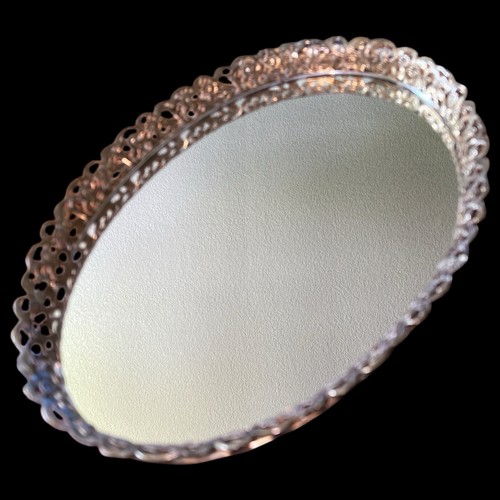 Vintage Hollywood Regency Gold Filigree Oval Vanity Mirror Tray 13.5" x 9.5" EUC