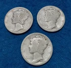1923, 1934 And 1939 10C Mercury Dimes 90% Silver Lot Of 3