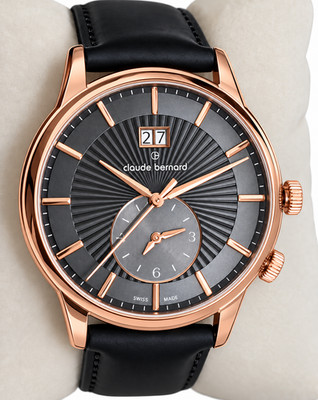 Claude Bernard Swiss Made Sapphire Rose Gold Dual Time Leather Band Men's Watch