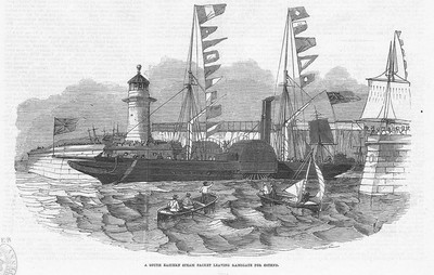 RAMSGATE South Eastern Dampfpaket Raddampfer für Ostende Antikdruck 1846